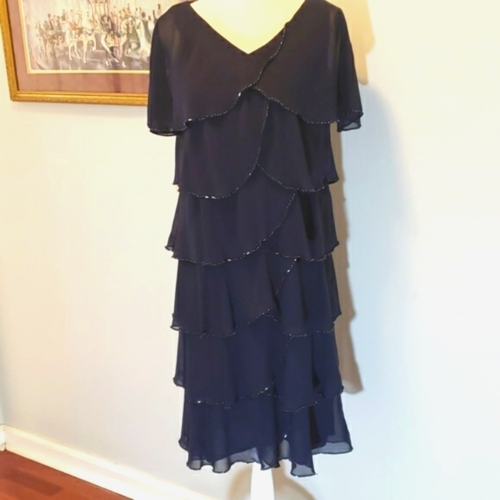 PATRA Navy Layered & Beaded Cocktail Dress 8 EUC - Picture 6 of 9
